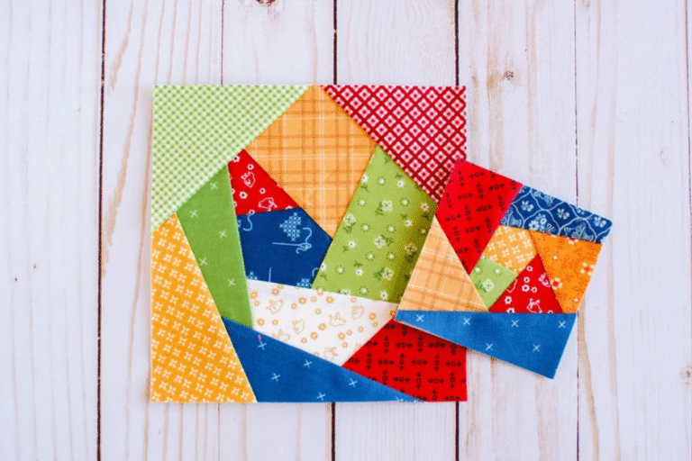 crazy quilt block pattern in primary colors