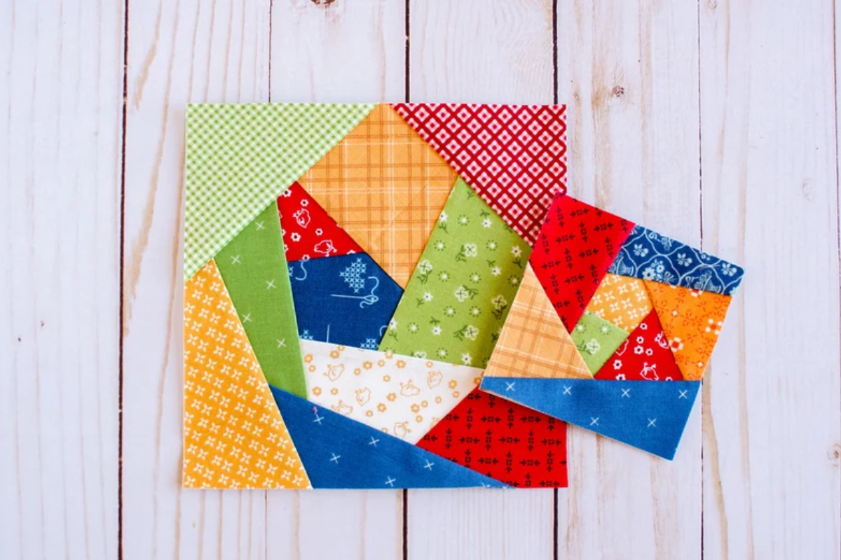 crazy quilt block pattern in primary colors