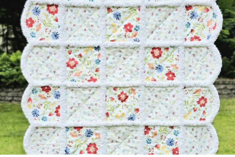 Rag quilt pattern in white and sweet fabric of flowers